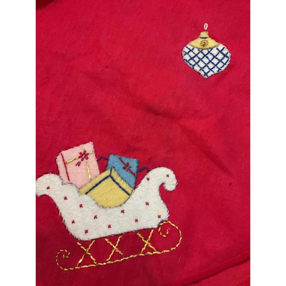 Vintage Red Christmas Tree Skirt with Holiday Embroidery - Picture 5 of 8